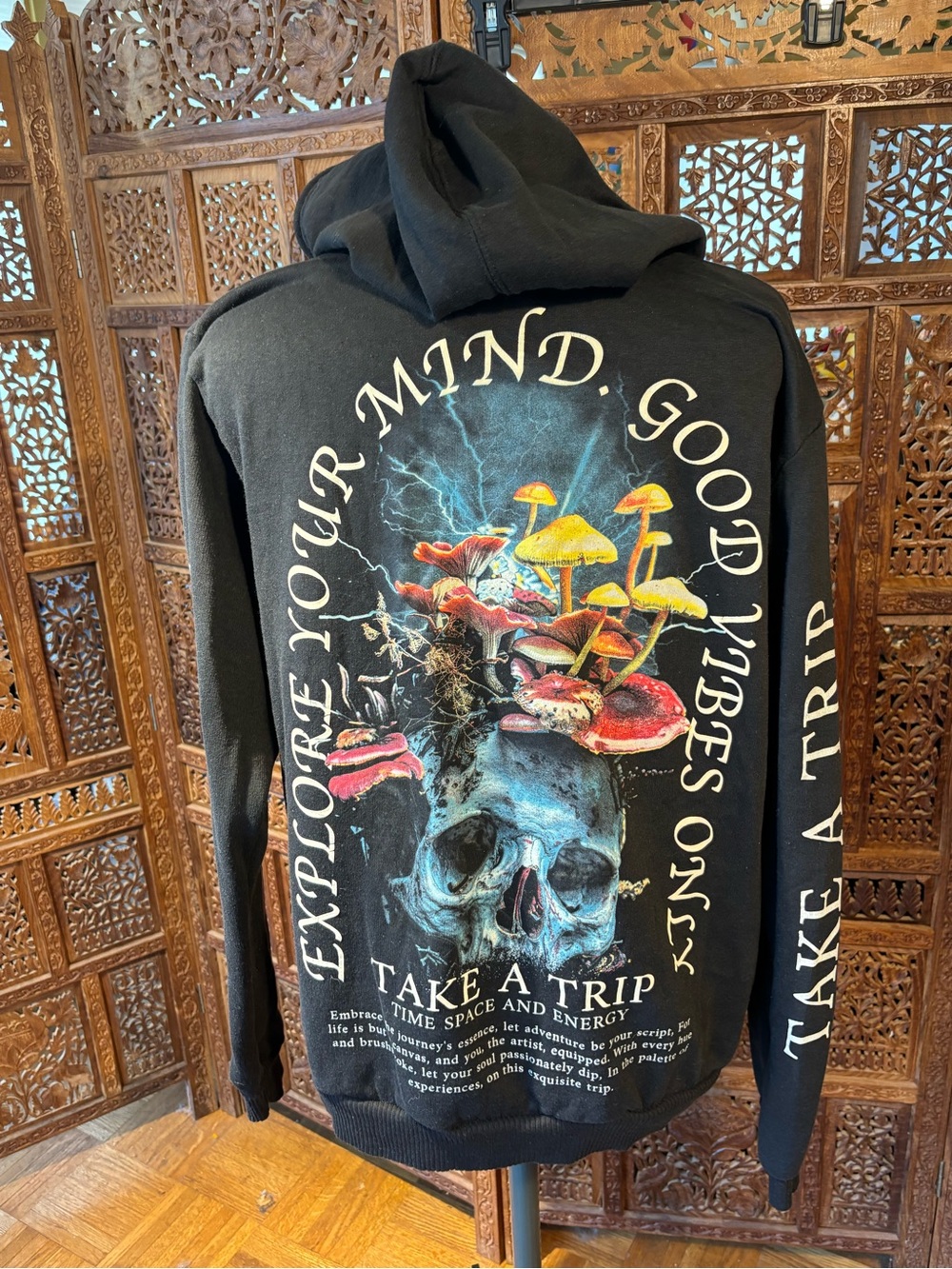 Men's Black Graphic Hoodie with Floral Sleeve Detail